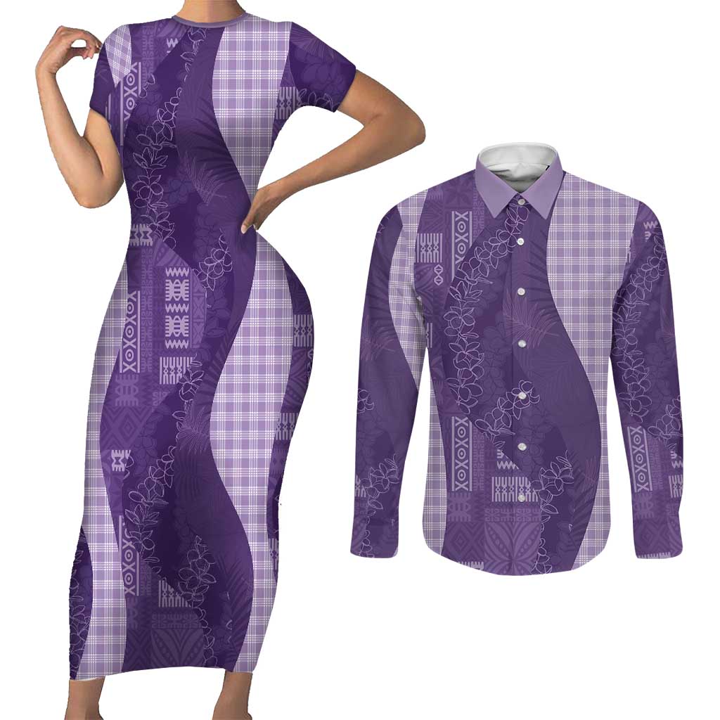 Polynesian Tribal Pattern Patchwork Picturesque Couples Matching Short Sleeve Bodycon Dress and Long Sleeve Button Shirt Deep Violet LT7 Violet - Polynesian Pride