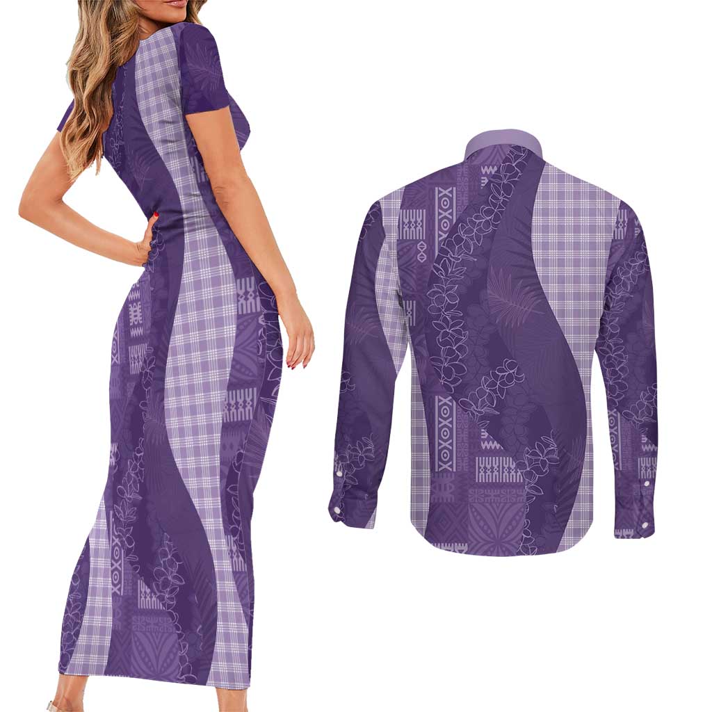 Polynesian Tribal Pattern Patchwork Picturesque Couples Matching Short Sleeve Bodycon Dress and Long Sleeve Button Shirt Deep Violet LT7 - Polynesian Pride