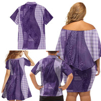 Polynesian Tribal Pattern Patchwork Picturesque Family Matching Off Shoulder Short Dress and Hawaiian Shirt Deep Violet