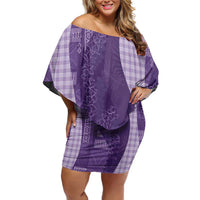Polynesian Tribal Pattern Patchwork Picturesque Family Matching Off Shoulder Short Dress and Hawaiian Shirt Deep Violet