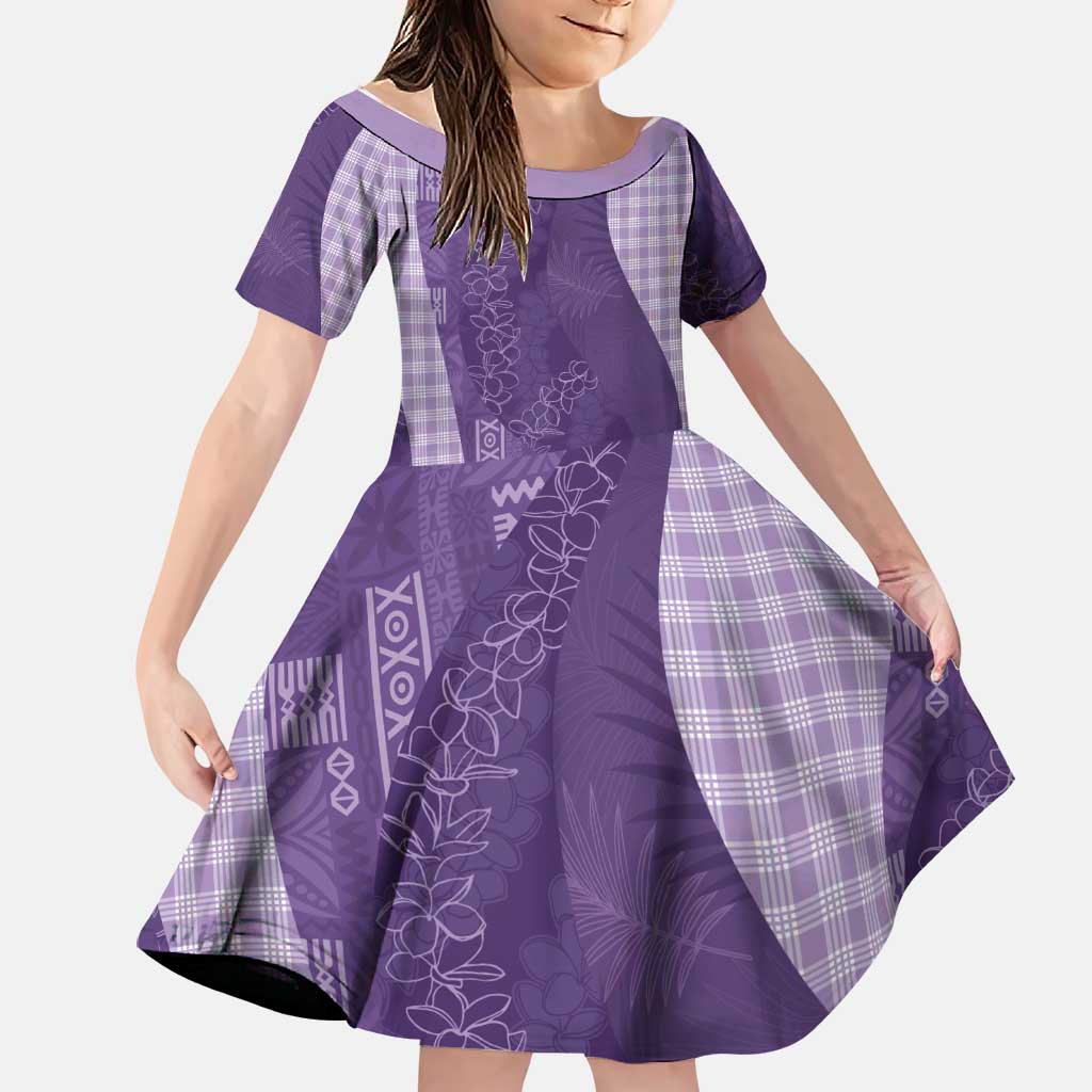 Polynesian Tribal Pattern Patchwork Picturesque Family Matching Short Sleeve Bodycon Dress and Hawaiian Shirt Deep Violet