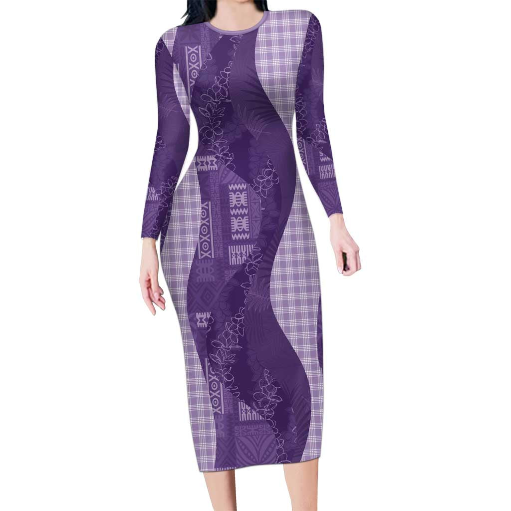 Polynesian Tribal Pattern Patchwork Picturesque Long Sleeve Bodycon Dress Deep Violet LT7 Long Dress Violet - Polynesian Pride