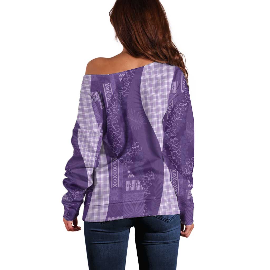 Polynesian Tribal Pattern Patchwork Picturesque Off Shoulder Sweater Deep Violet LT7 - Polynesian Pride