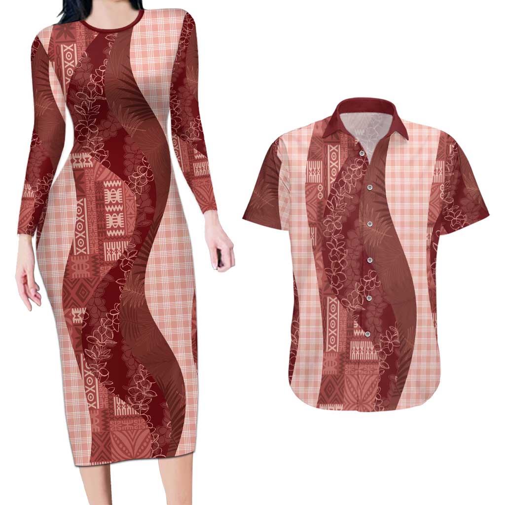 Polynesian Tribal Pattern Patchwork Picturesque Couples Matching Long Sleeve Bodycon Dress and Hawaiian Shirt Crimson LT7 Crimson - Polynesian Pride