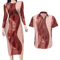 Polynesian Tribal Pattern Patchwork Picturesque Couples Matching Long Sleeve Bodycon Dress and Hawaiian Shirt Crimson LT7 Crimson - Polynesian Pride