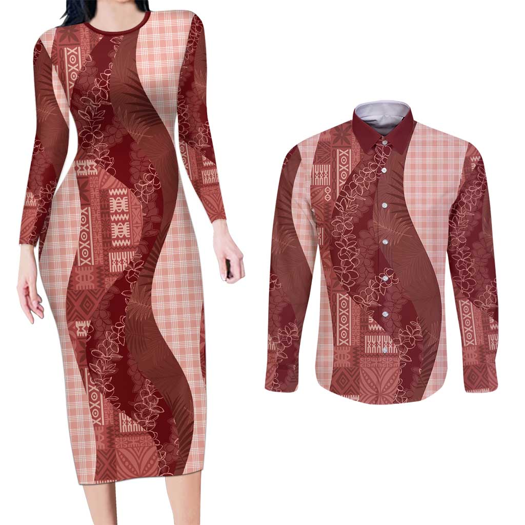 Polynesian Tribal Pattern Patchwork Picturesque Couples Matching Long Sleeve Bodycon Dress and Long Sleeve Button Shirt Crimson LT7 Crimson - Polynesian Pride