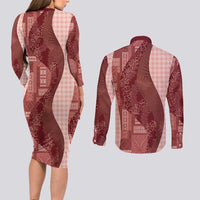 Polynesian Tribal Pattern Patchwork Picturesque Couples Matching Long Sleeve Bodycon Dress and Long Sleeve Button Shirt Crimson LT7 - Polynesian Pride