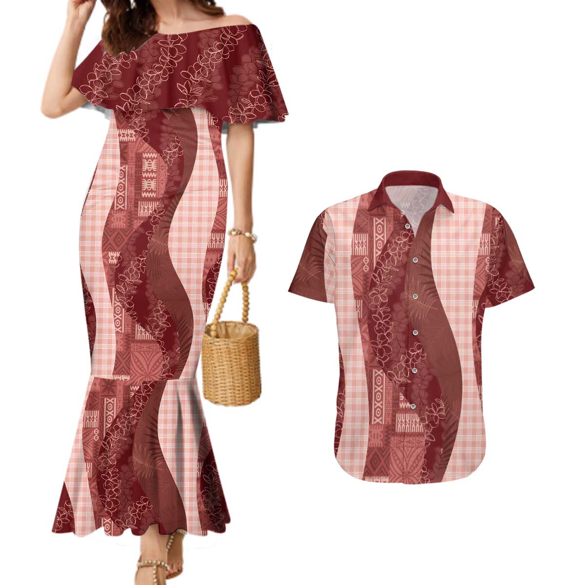 Polynesian Tribal Pattern Patchwork Picturesque Couples Matching Mermaid Dress and Hawaiian Shirt Crimson LT7 Crimson - Polynesian Pride