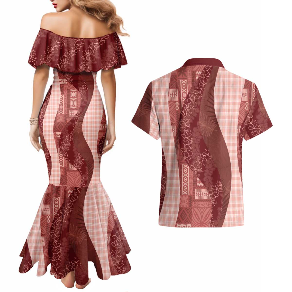 Polynesian Tribal Pattern Patchwork Picturesque Couples Matching Mermaid Dress and Hawaiian Shirt Crimson LT7 - Polynesian Pride