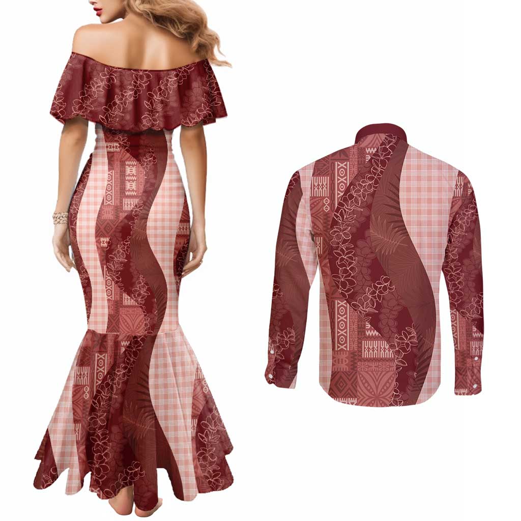 Polynesian Tribal Pattern Patchwork Picturesque Couples Matching Mermaid Dress and Long Sleeve Button Shirt Crimson LT7 - Polynesian Pride
