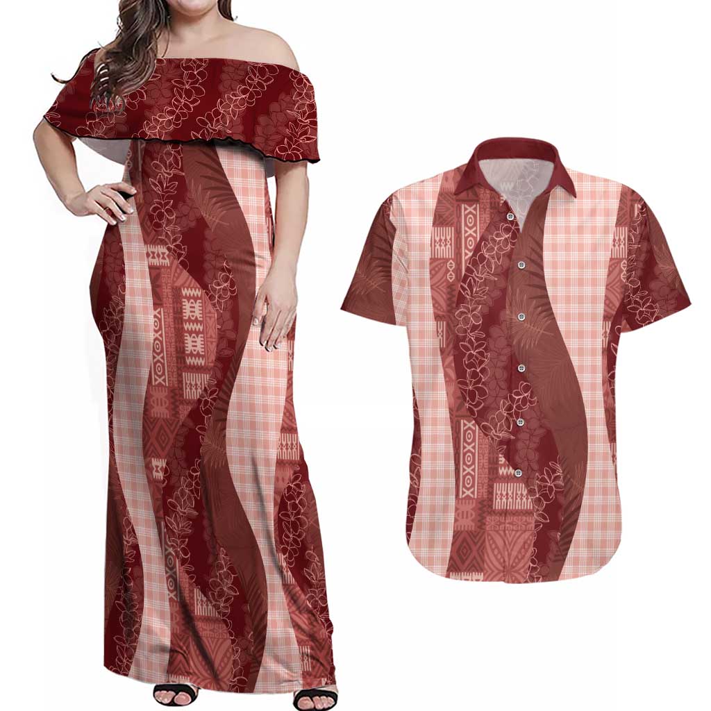 Polynesian Tribal Pattern Patchwork Picturesque Couples Matching Off Shoulder Maxi Dress and Hawaiian Shirt Crimson LT7 Crimson - Polynesian Pride