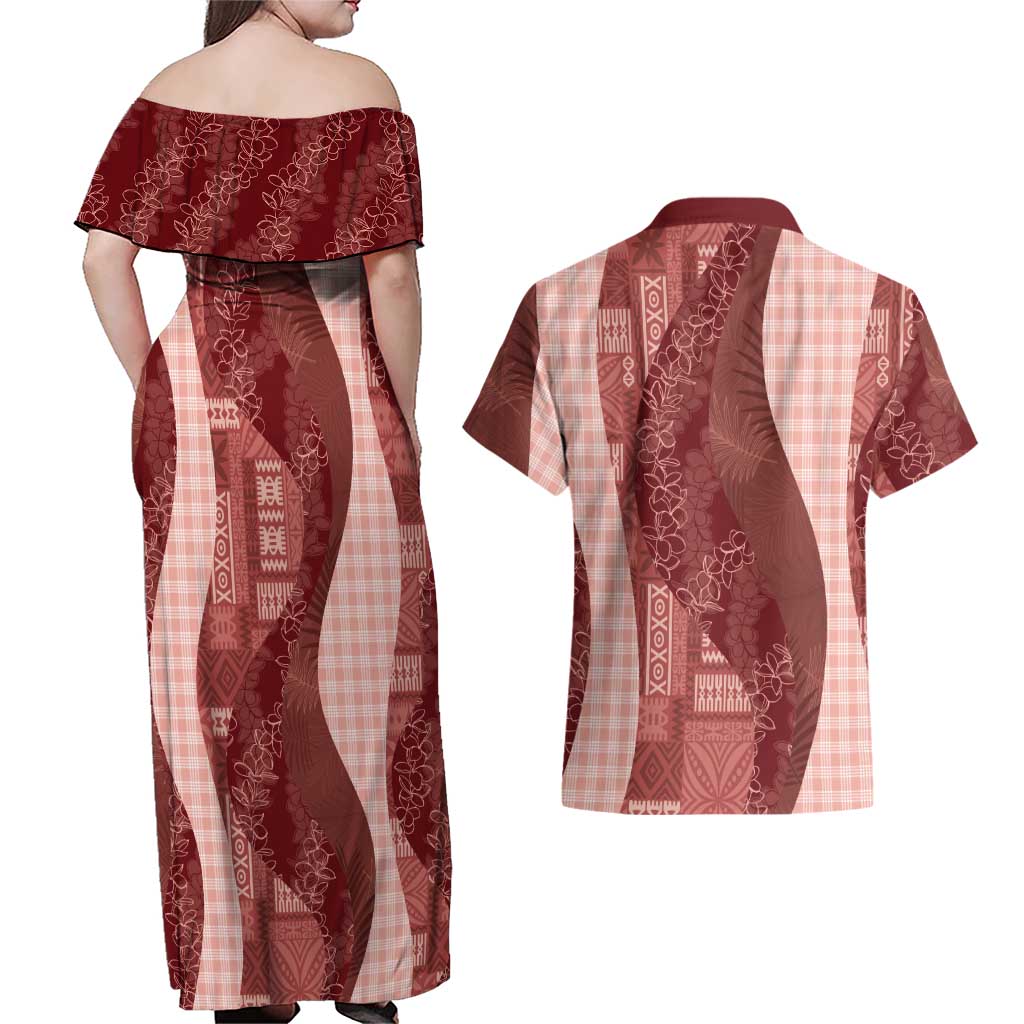 Polynesian Tribal Pattern Patchwork Picturesque Couples Matching Off Shoulder Maxi Dress and Hawaiian Shirt Crimson LT7 - Polynesian Pride