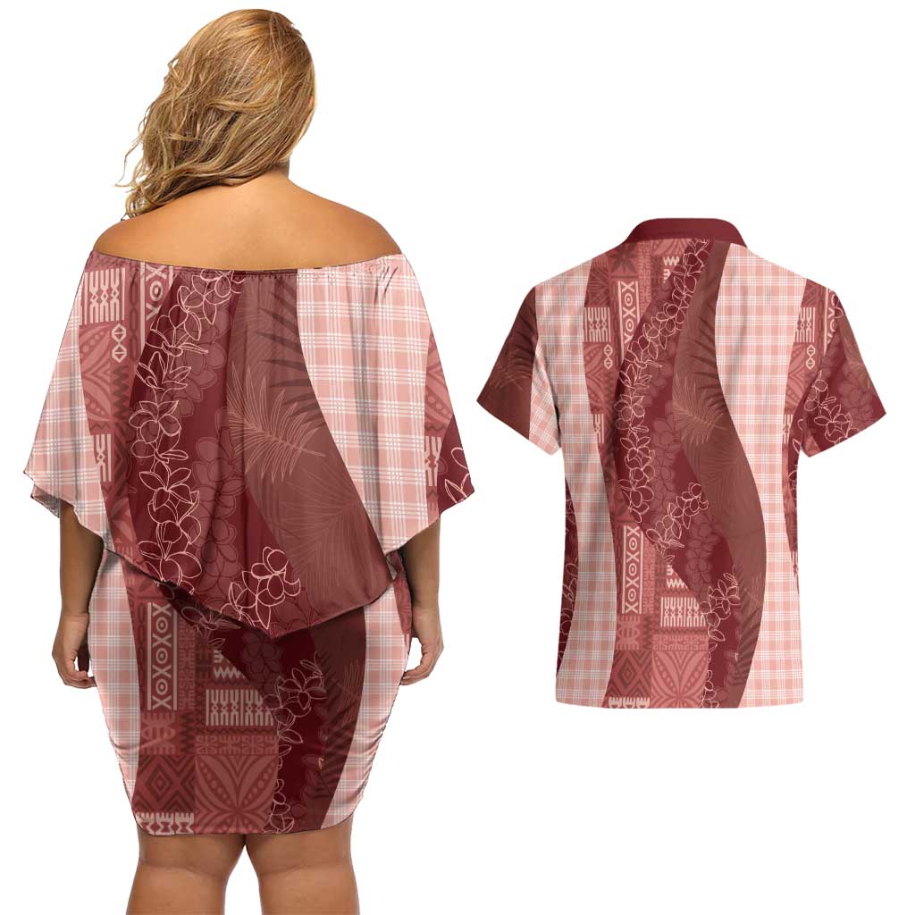 Polynesian Tribal Pattern Patchwork Picturesque Couples Matching Off Shoulder Short Dress and Hawaiian Shirt Crimson LT7 - Polynesian Pride