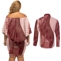 Polynesian Tribal Pattern Patchwork Picturesque Couples Matching Off Shoulder Short Dress and Long Sleeve Button Shirt Crimson LT7 - Polynesian Pride