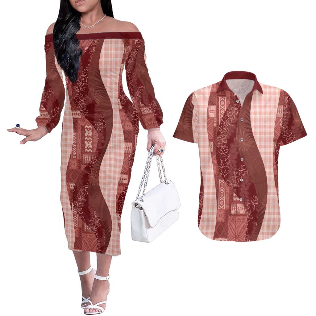 Polynesian Tribal Pattern Patchwork Picturesque Couples Matching Off The Shoulder Long Sleeve Dress and Hawaiian Shirt Crimson LT7 Crimson - Polynesian Pride