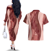 Polynesian Tribal Pattern Patchwork Picturesque Couples Matching Off The Shoulder Long Sleeve Dress and Hawaiian Shirt Crimson LT7 - Polynesian Pride