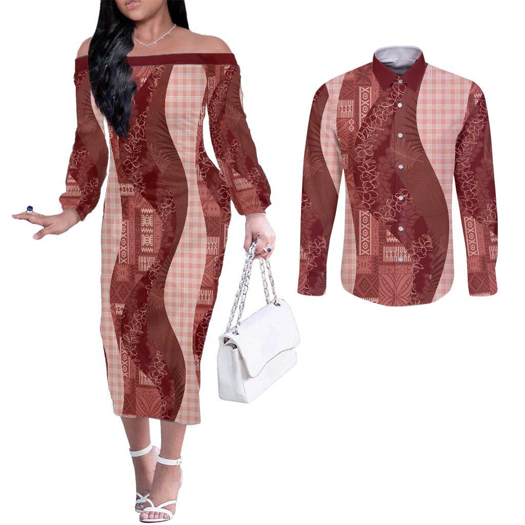 Polynesian Tribal Pattern Patchwork Picturesque Couples Matching Off The Shoulder Long Sleeve Dress and Long Sleeve Button Shirt Crimson LT7 Crimson - Polynesian Pride