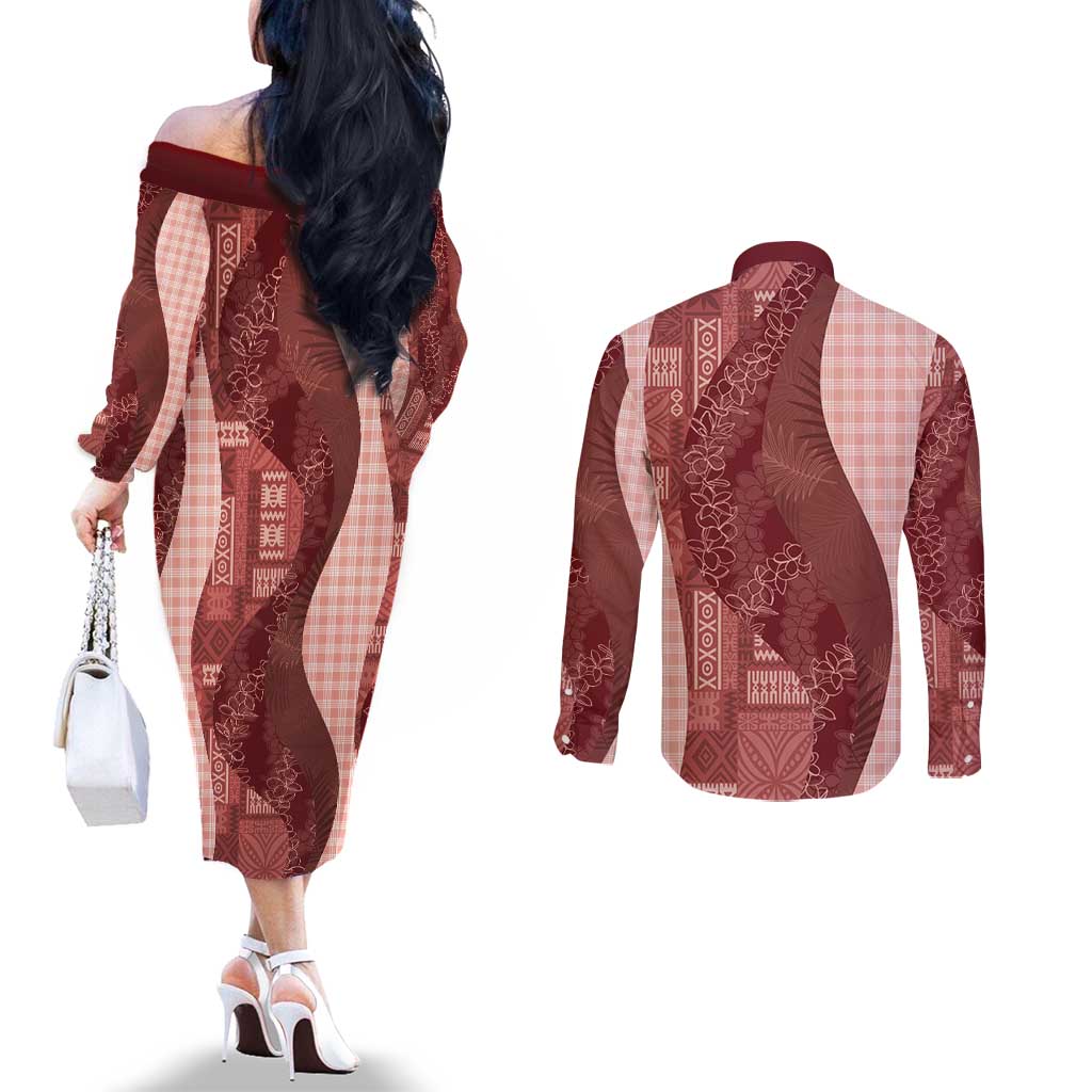 Polynesian Tribal Pattern Patchwork Picturesque Couples Matching Off The Shoulder Long Sleeve Dress and Long Sleeve Button Shirt Crimson LT7 - Polynesian Pride