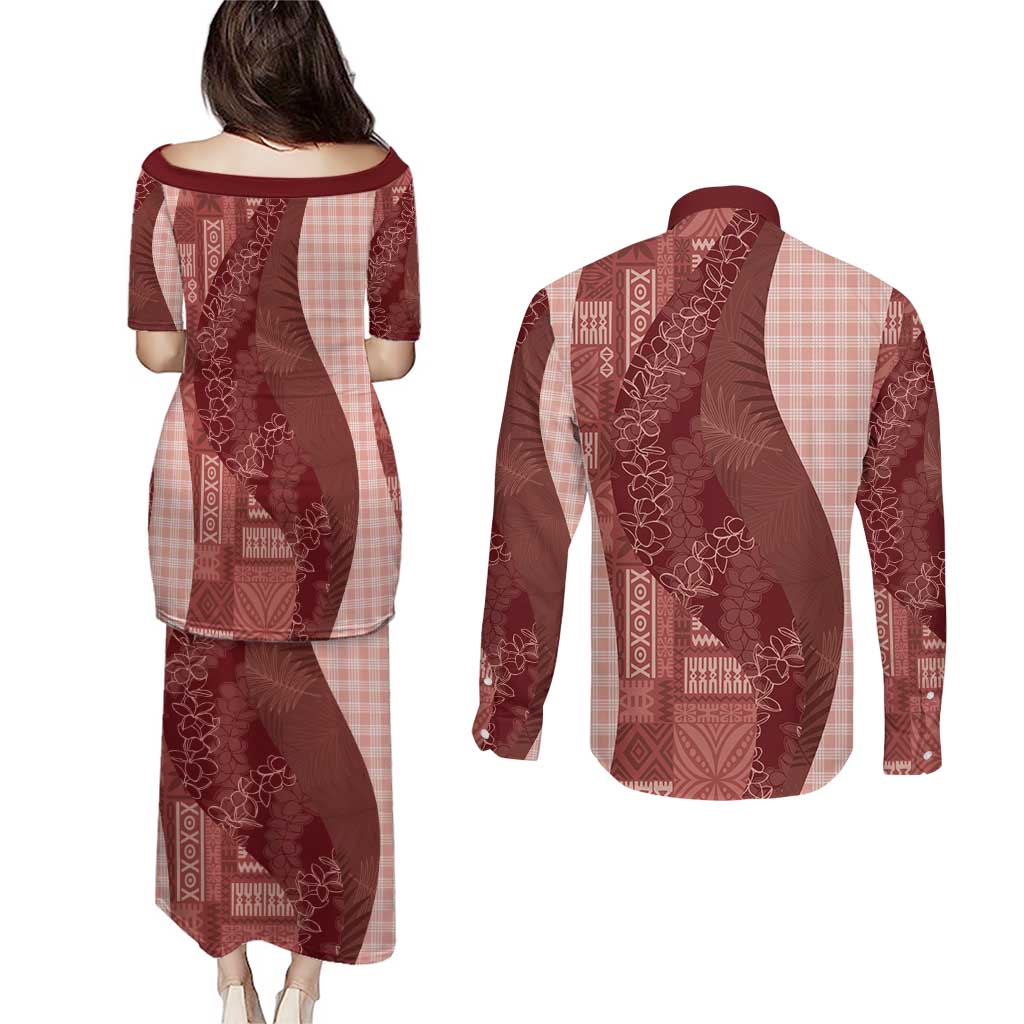 Polynesian Tribal Pattern Patchwork Picturesque Couples Matching Puletasi and Long Sleeve Button Shirt Crimson LT7 - Polynesian Pride