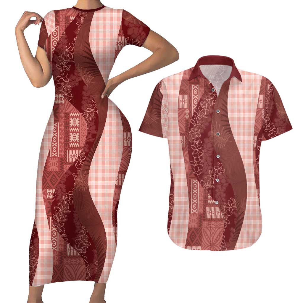 Polynesian Tribal Pattern Patchwork Picturesque Couples Matching Short Sleeve Bodycon Dress and Hawaiian Shirt Crimson LT7 Crimson - Polynesian Pride
