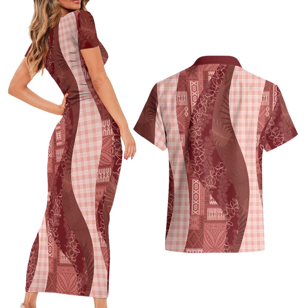 Polynesian Tribal Pattern Patchwork Picturesque Couples Matching Short Sleeve Bodycon Dress and Hawaiian Shirt Crimson LT7 - Polynesian Pride