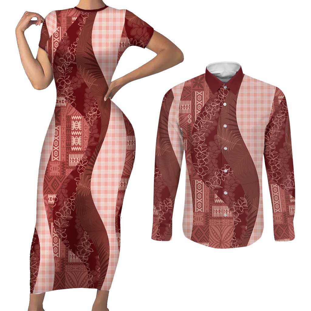 Polynesian Tribal Pattern Patchwork Picturesque Couples Matching Short Sleeve Bodycon Dress and Long Sleeve Button Shirt Crimson LT7 Crimson - Polynesian Pride