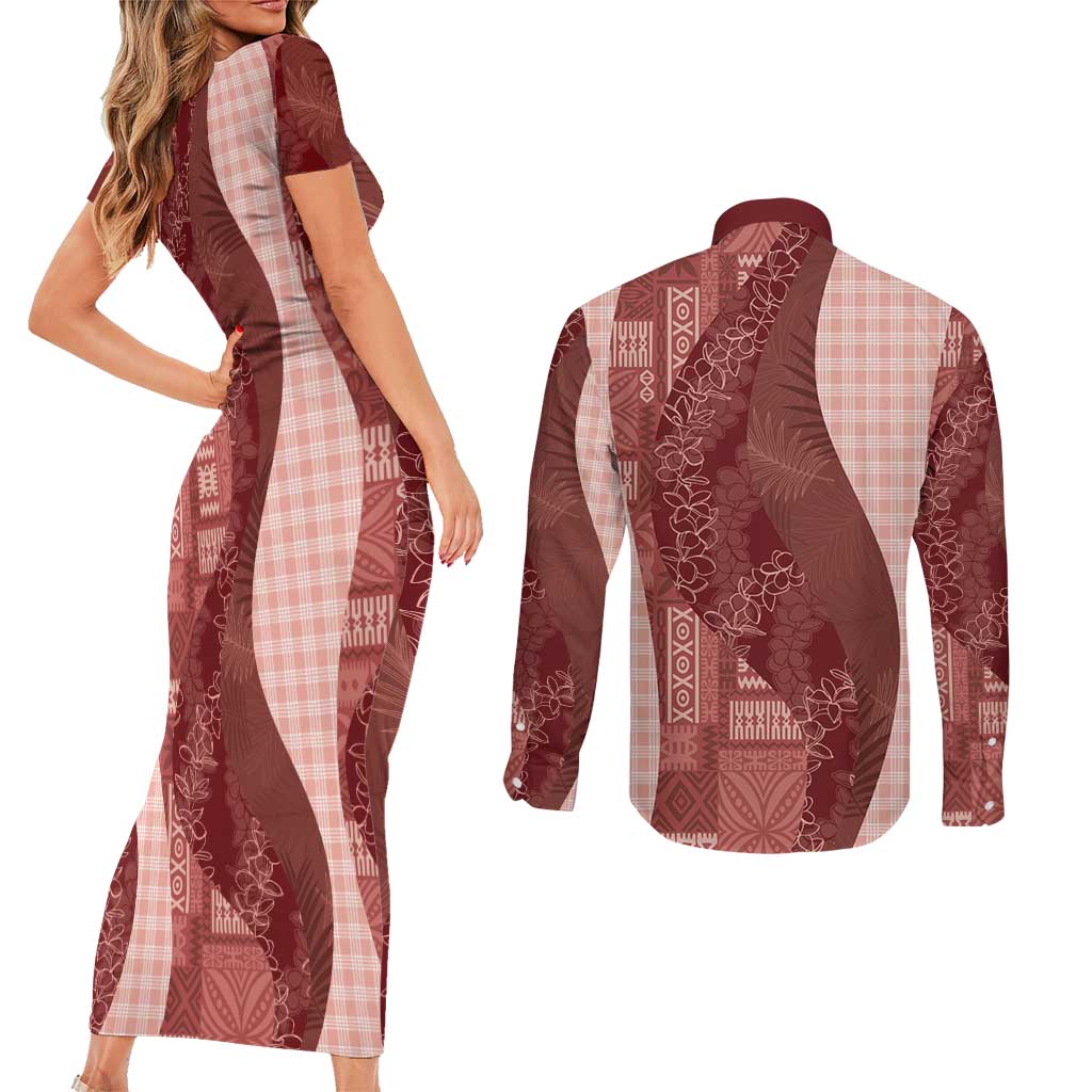Polynesian Tribal Pattern Patchwork Picturesque Couples Matching Short Sleeve Bodycon Dress and Long Sleeve Button Shirt Crimson LT7 - Polynesian Pride