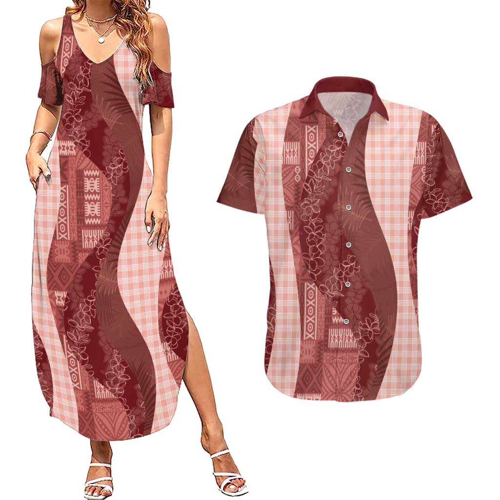 Polynesian Tribal Pattern Patchwork Picturesque Couples Matching Summer Maxi Dress and Hawaiian Shirt Crimson LT7 Crimson - Polynesian Pride