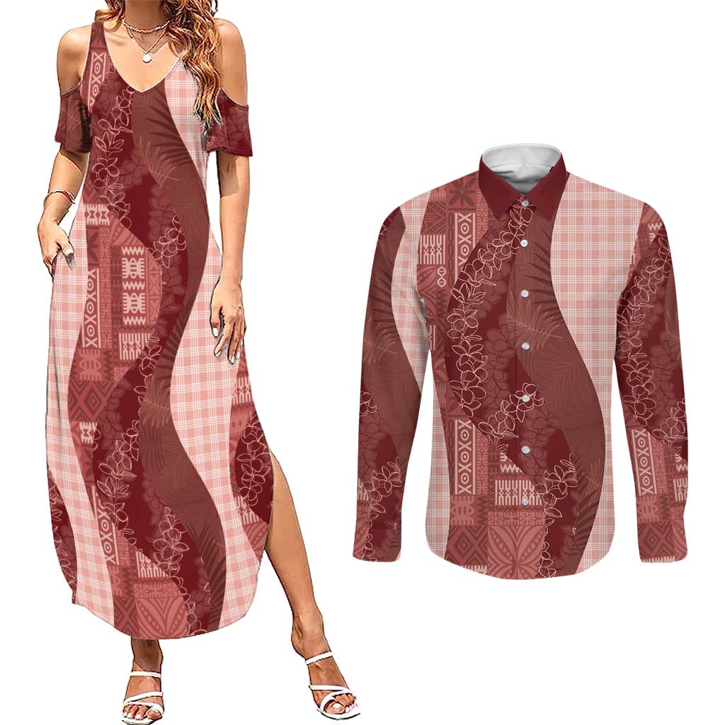 Polynesian Tribal Pattern Patchwork Picturesque Couples Matching Summer Maxi Dress and Long Sleeve Button Shirt Crimson LT7 Crimson - Polynesian Pride