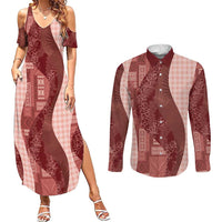 Polynesian Tribal Pattern Patchwork Picturesque Couples Matching Summer Maxi Dress and Long Sleeve Button Shirt Crimson LT7 Crimson - Polynesian Pride