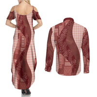 Polynesian Tribal Pattern Patchwork Picturesque Couples Matching Summer Maxi Dress and Long Sleeve Button Shirt Crimson LT7 - Polynesian Pride