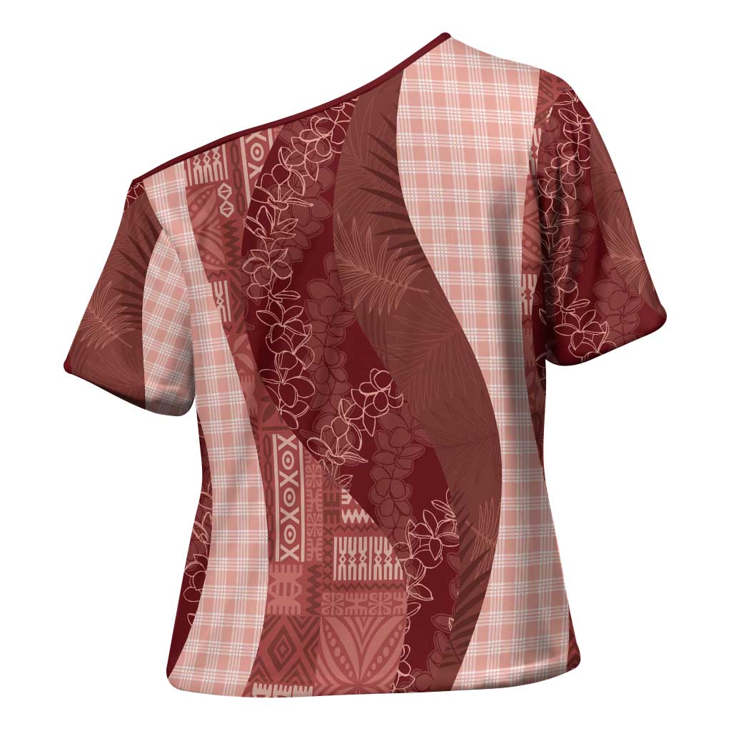 Polynesian Tribal Pattern Patchwork Picturesque Cross Shoulder Shirt Crimson LT7 - Polynesian Pride