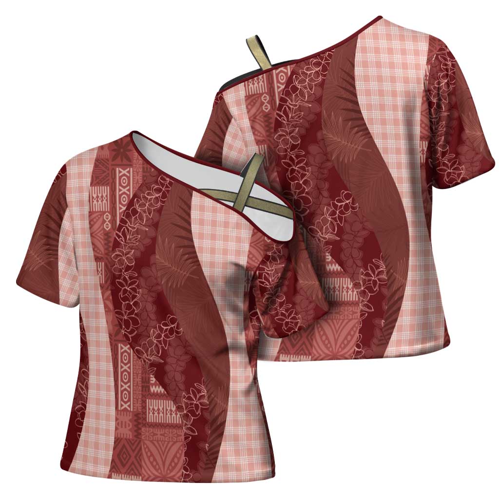 Polynesian Tribal Pattern Patchwork Picturesque Cross Shoulder Shirt Crimson LT7 - Polynesian Pride