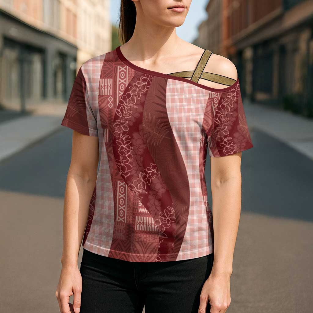 Polynesian Tribal Pattern Patchwork Picturesque Cross Shoulder Shirt Crimson LT7 - Polynesian Pride