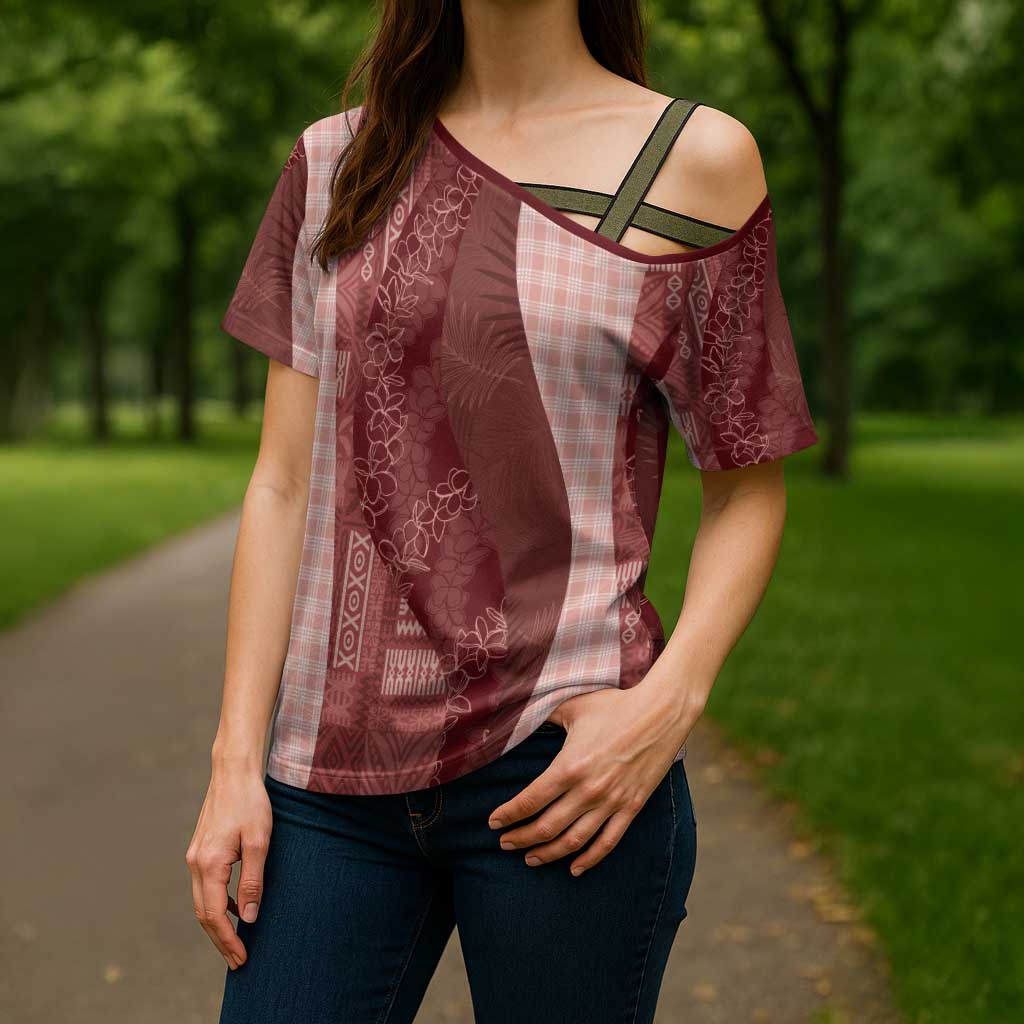 Polynesian Tribal Pattern Patchwork Picturesque Cross Shoulder Shirt Crimson LT7 - Polynesian Pride