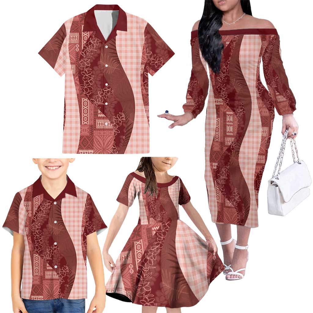Polynesian Tribal Pattern Patchwork Picturesque Family Matching Off The Shoulder Long Sleeve Dress and Hawaiian Shirt Crimson LT7 - Polynesian Pride