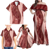 Polynesian Tribal Pattern Patchwork Picturesque Family Matching Off Shoulder Maxi Dress and Hawaiian Shirt Crimson LT7 - Polynesian Pride