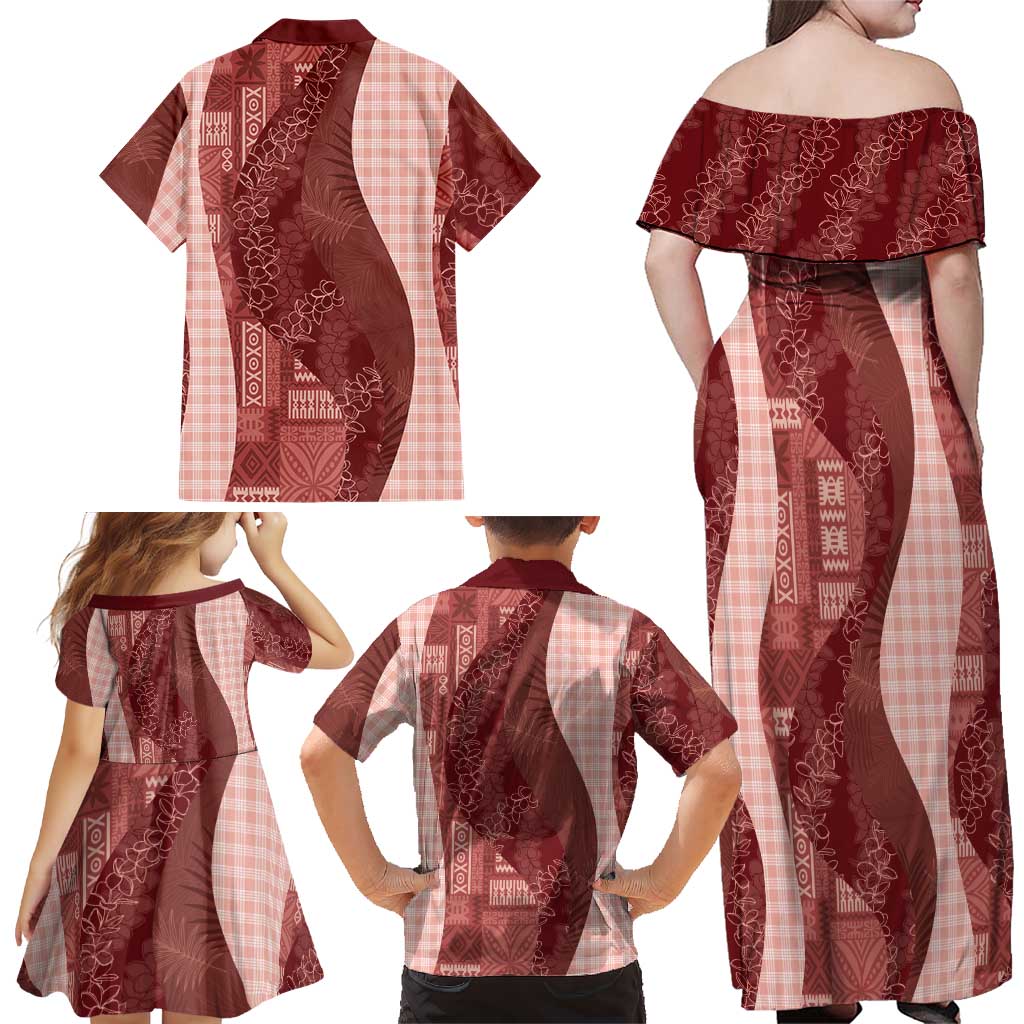 Polynesian Tribal Pattern Patchwork Picturesque Family Matching Off Shoulder Maxi Dress and Hawaiian Shirt Crimson LT7 - Polynesian Pride
