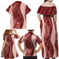 Polynesian Tribal Pattern Patchwork Picturesque Family Matching Off Shoulder Maxi Dress and Hawaiian Shirt Crimson LT7 - Polynesian Pride