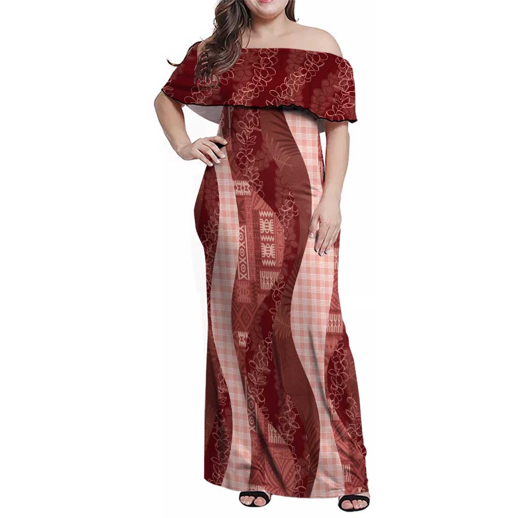 Polynesian Tribal Pattern Patchwork Picturesque Family Matching Off Shoulder Maxi Dress and Hawaiian Shirt Crimson LT7 Mom's Dress Crimson - Polynesian Pride