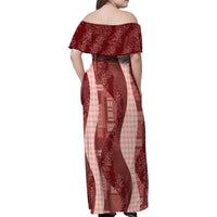 Polynesian Tribal Pattern Patchwork Picturesque Family Matching Off Shoulder Maxi Dress and Hawaiian Shirt Crimson LT7 - Polynesian Pride