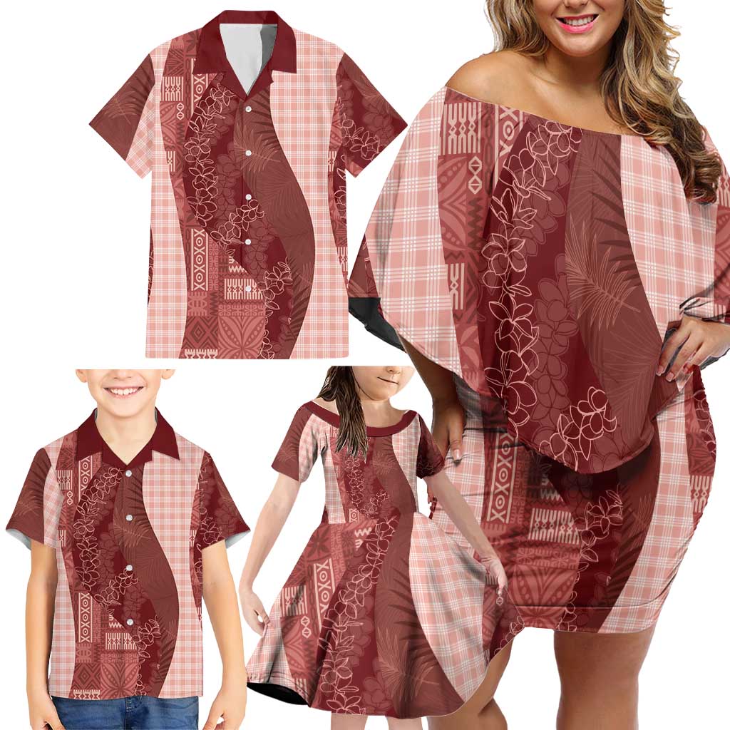 Polynesian Tribal Pattern Patchwork Picturesque Family Matching Off Shoulder Short Dress and Hawaiian Shirt Crimson LT7 - Polynesian Pride