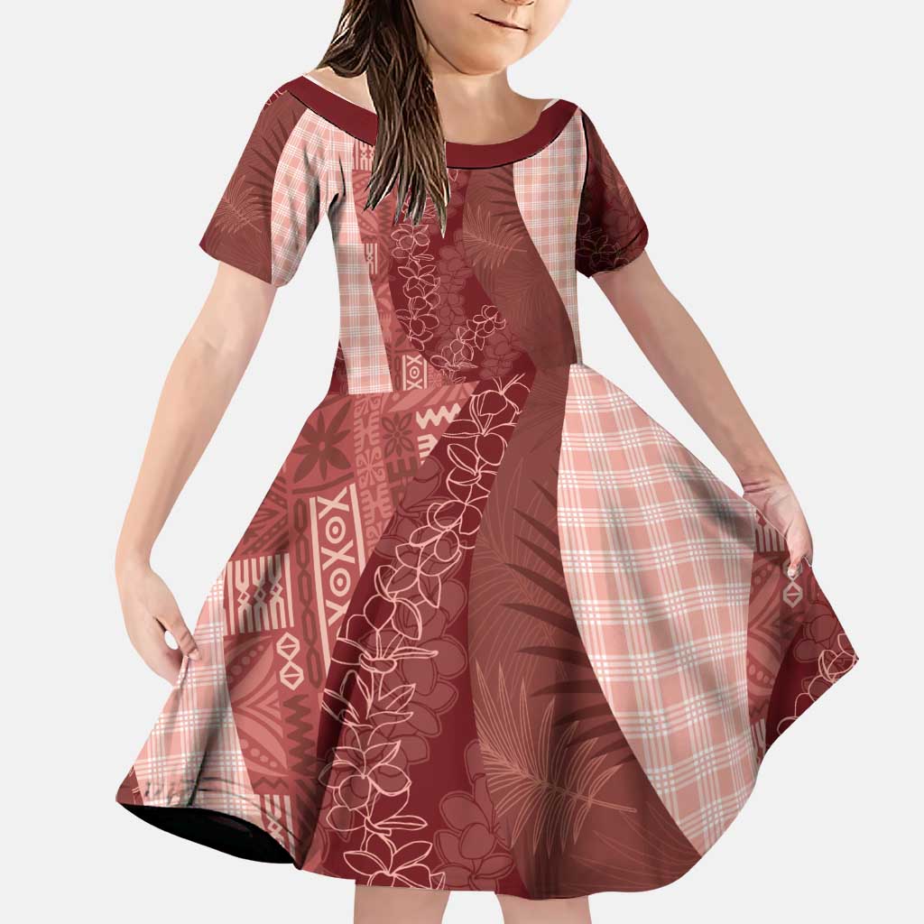 Polynesian Tribal Pattern Patchwork Picturesque Family Matching Summer Maxi Dress and Hawaiian Shirt Crimson LT7 Daughter's Dress Crimson - Polynesian Pride