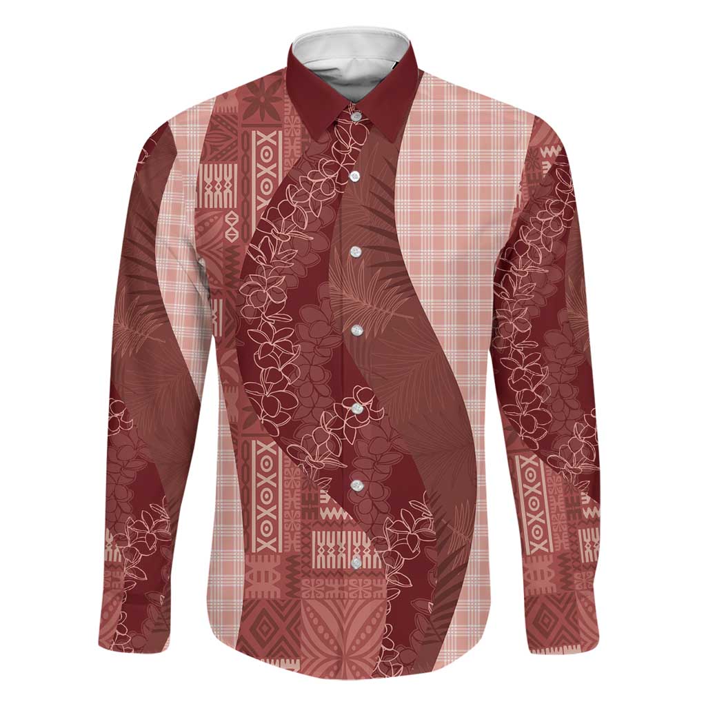 Polynesian Tribal Pattern Patchwork Picturesque Family Matching Summer Maxi Dress and Hawaiian Shirt Crimson LT7 Dad's Shirt - Long Sleeve Crimson - Polynesian Pride