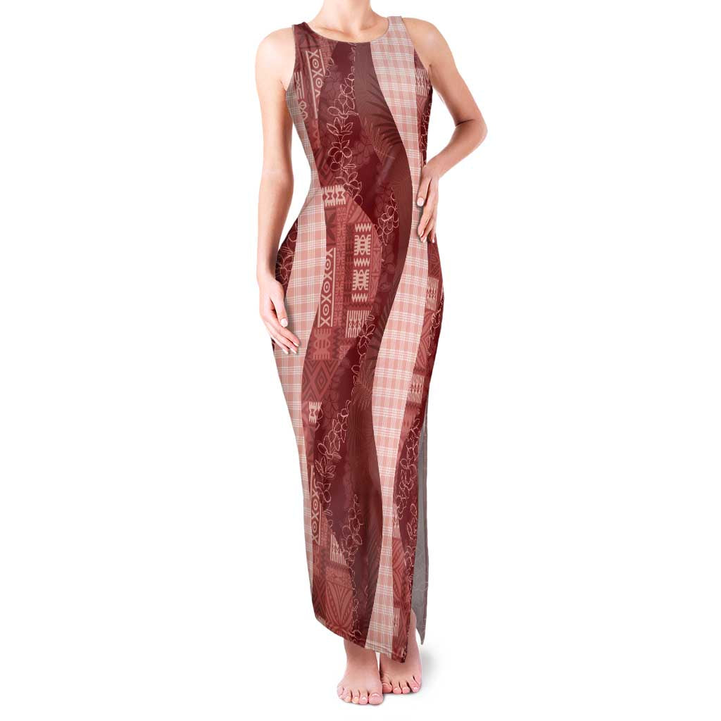 Polynesian Tribal Pattern Patchwork Picturesque Family Matching Tank Maxi Dress and Hawaiian Shirt Crimson LT7 Mom's Dress Crimson - Polynesian Pride