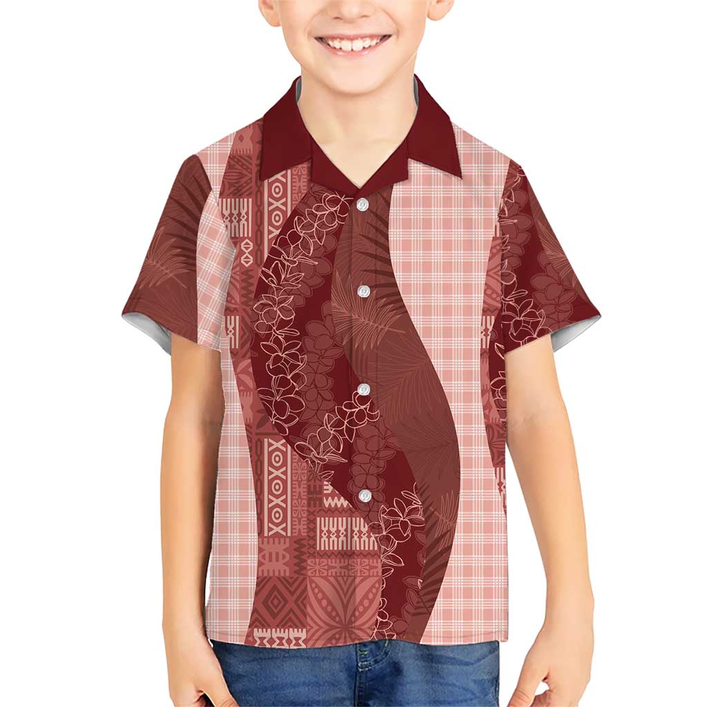 Polynesian Tribal Pattern Patchwork Picturesque Kid Hawaiian Shirt Crimson LT7 Kid Crimson - Polynesian Pride