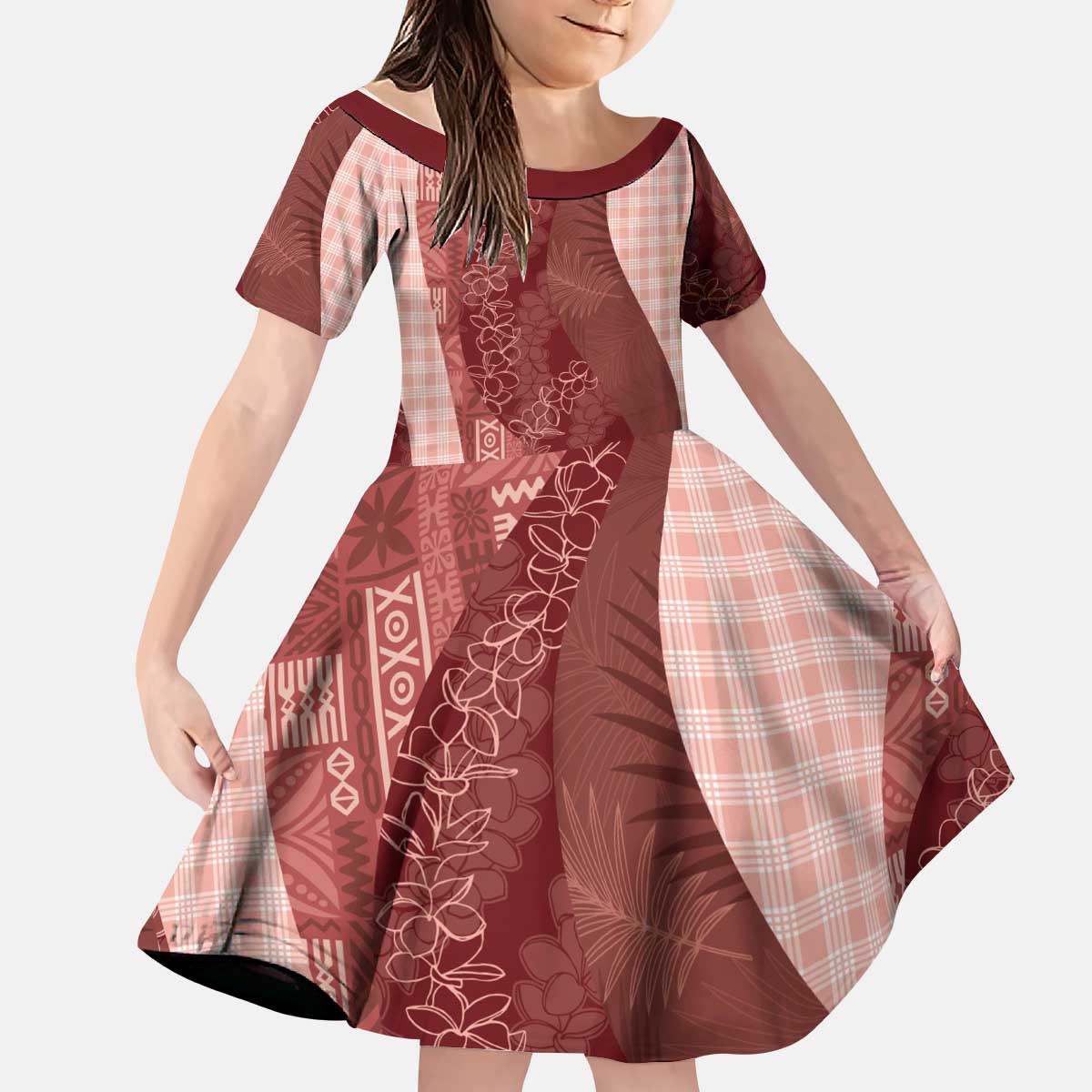 Polynesian Tribal Pattern Patchwork Picturesque Kid Short Sleeve Dress Crimson LT7 KID Crimson - Polynesian Pride