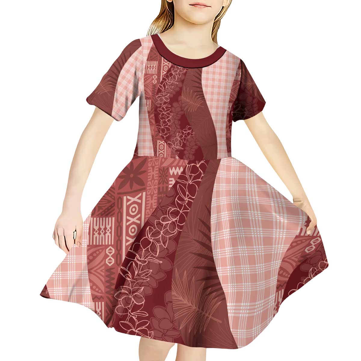 Polynesian Tribal Pattern Patchwork Picturesque Kid Short Sleeve Dress Crimson LT7 - Polynesian Pride
