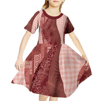 Polynesian Tribal Pattern Patchwork Picturesque Kid Short Sleeve Dress Crimson LT7 - Polynesian Pride
