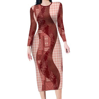 Polynesian Tribal Pattern Patchwork Picturesque Long Sleeve Bodycon Dress Crimson LT7 Long Dress Crimson - Polynesian Pride
